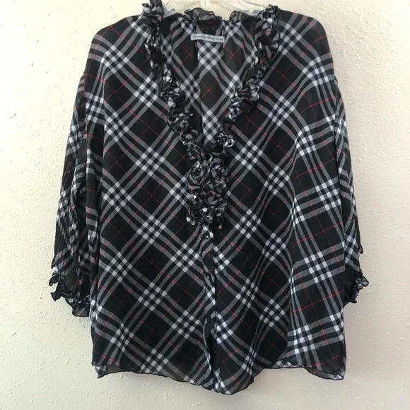 Signature by Larry Levine Black, Red & White Plaid - Ruffles at neckline Size L - Picture 6 of 10